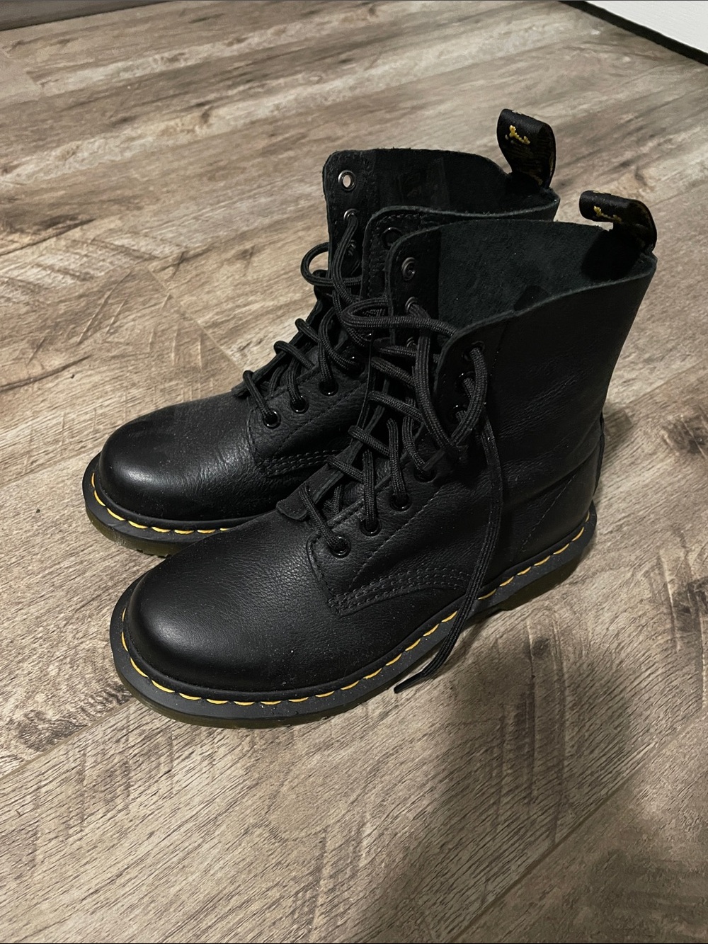 Dr. Martens Black Leather Lace-Up Boots with Yellow Stitching